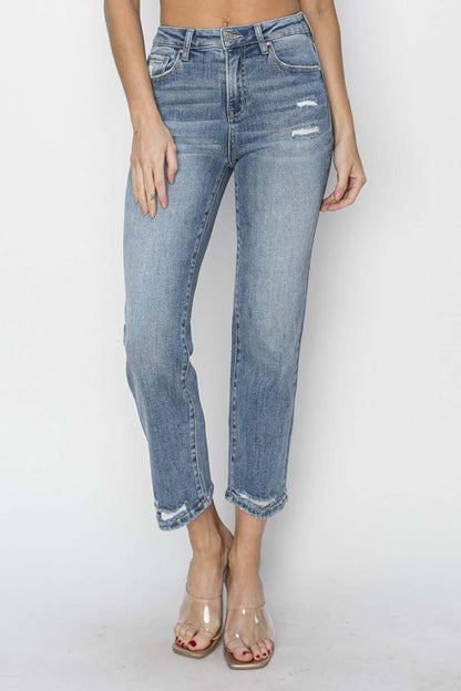 High Waist Distressed Cropped Risen Jeans - Trendy and edgy denim with a flattering high waist and rugged detailing for a stylish, comfortable look.