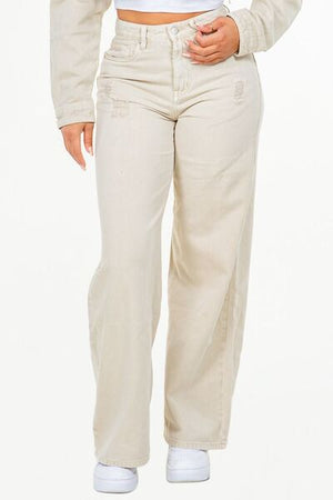 American Bazi high waist distressed wide leg jeans in cream, offering a trendy and comfortable fit.