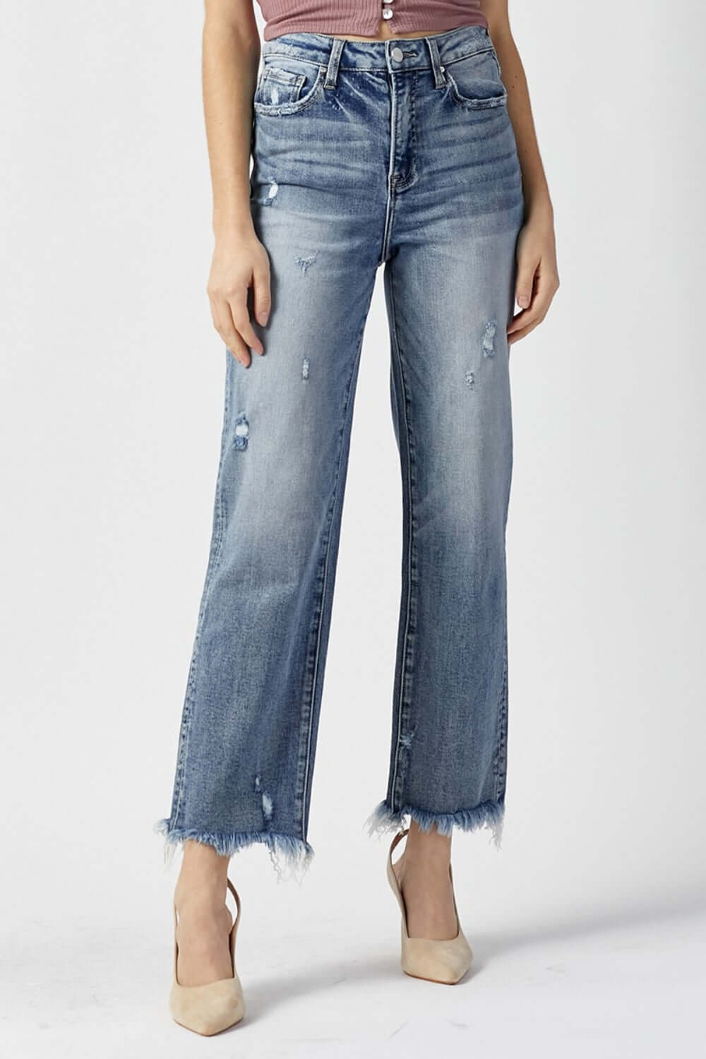 High Waist Raw Hem Straight Jeans by Risen Jeans showcasing a chic high-rise waist, straight leg silhouette, and casual raw hem detailing.