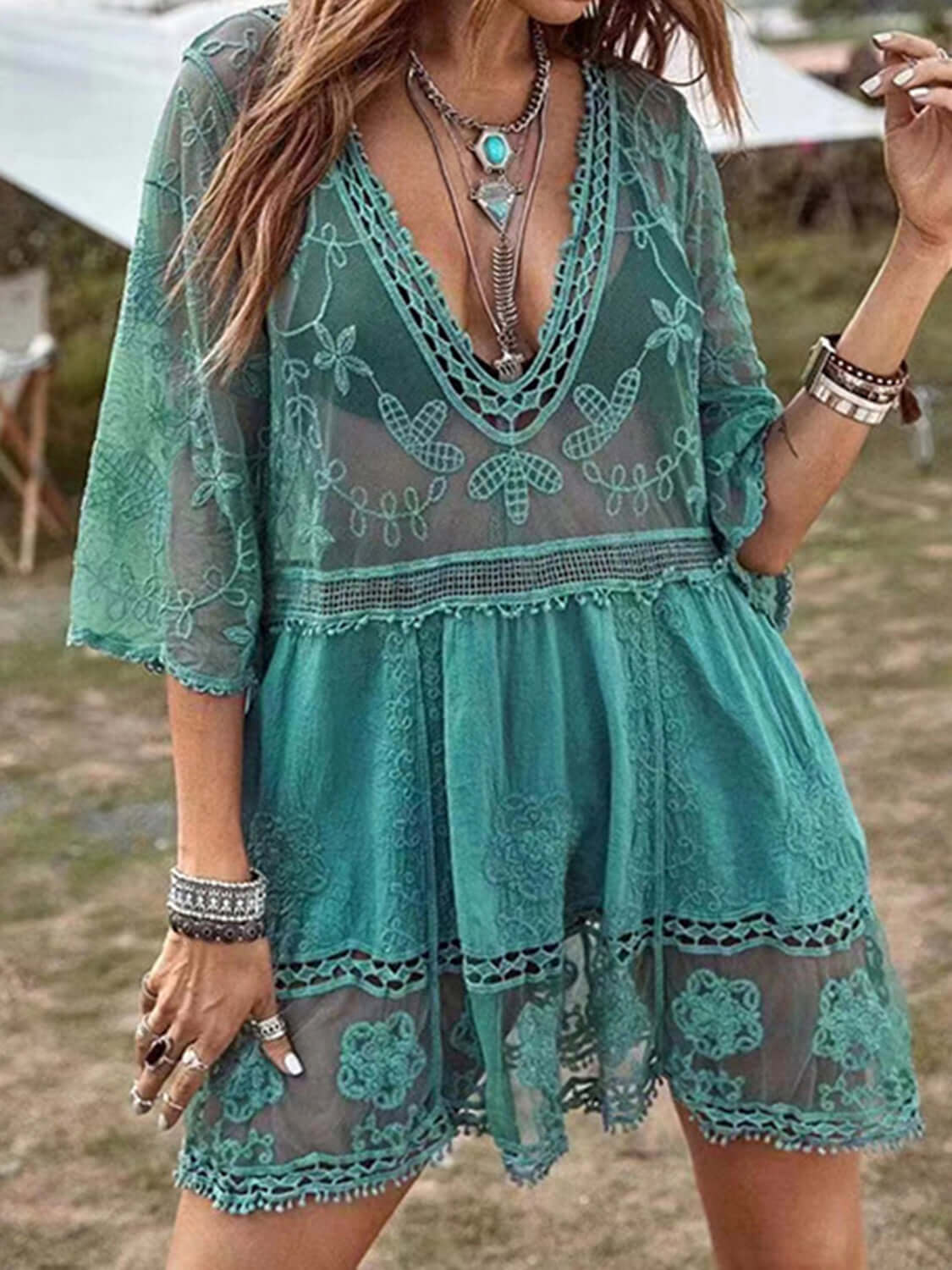 BELLA ROAD Lace Detail Plunge Cover-Up Dress at Bella Road