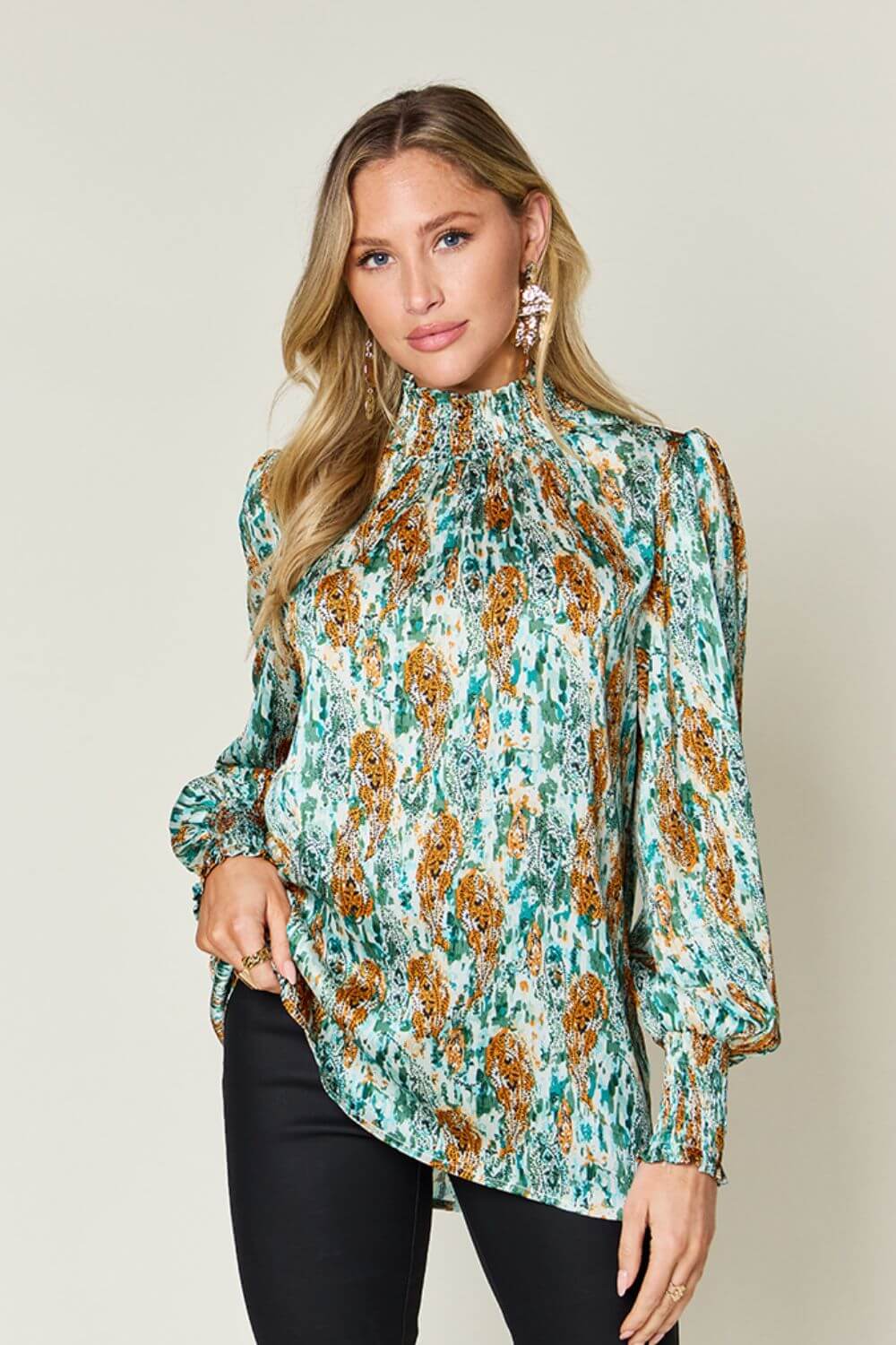 DOUBLE TAKE Full Size Printed Smocked Long Sleeve Blouse at Bella Road