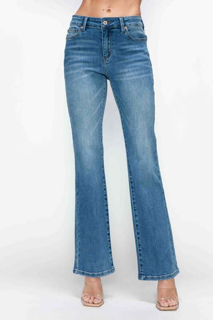 Stylish mid-rise bootcut jeans in blue, featuring elegant flared legs and a flattering fit for all body types.