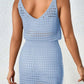 Blue openwork V-neck sleeveless cover up dress in breathable, stretchy acrylic material. Sheer design, perfect for summer.