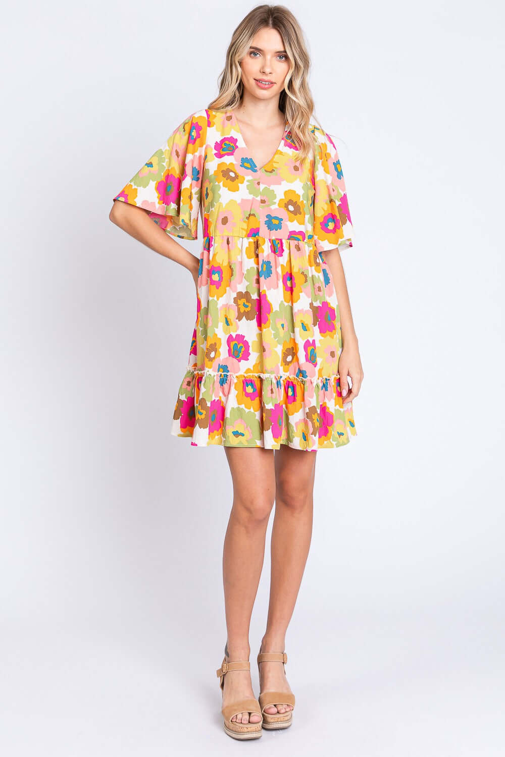 GEEGEE Floral V-Neck Ruffle Hem Mini Dress at Bella Road