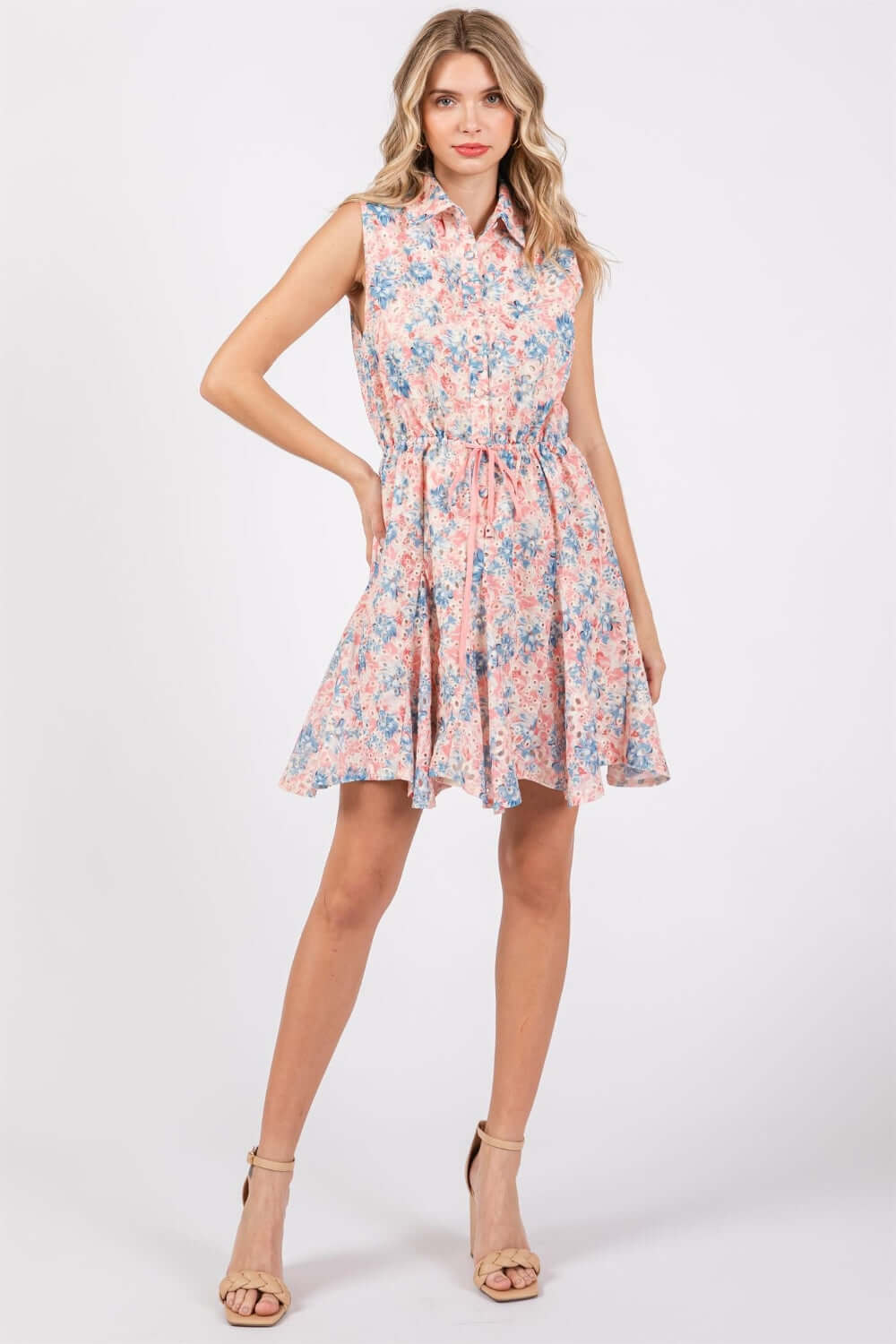 GEEGEE Full Size Floral Eyelet Sleeveless Mini Dress at Bella Road