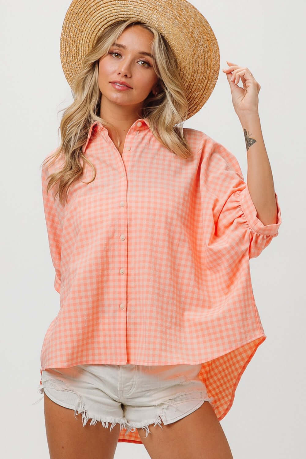 BIBI Plaid Button Up Dolman Sleeve Shirt at Bella Road