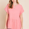 Notched Short Sleeve Peplum Top - Coral