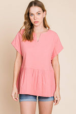 COTTON BLEU Notched Short Sleeve Peplum Top at Bella Road