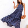 Ruffled Sleeveless Tiered Maxi Dress with Pockets - Dark Blue