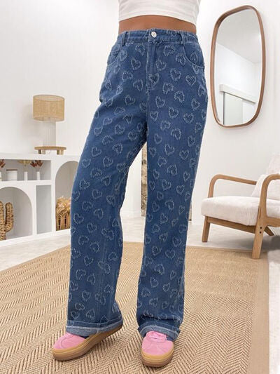 Bella Road Denim Heart Washed Straight Leg Jeans featuring a playful heart pattern and comfortable fit, perfect for any occasion.