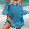 Crochet Cold Shoulder Three-Quarter Sleeve Cover Up - Sky Blue