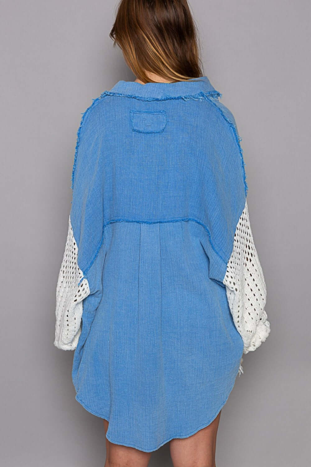 POL Openwork Lantern Sleeve Button Down Gauze Shirt at Bella Road