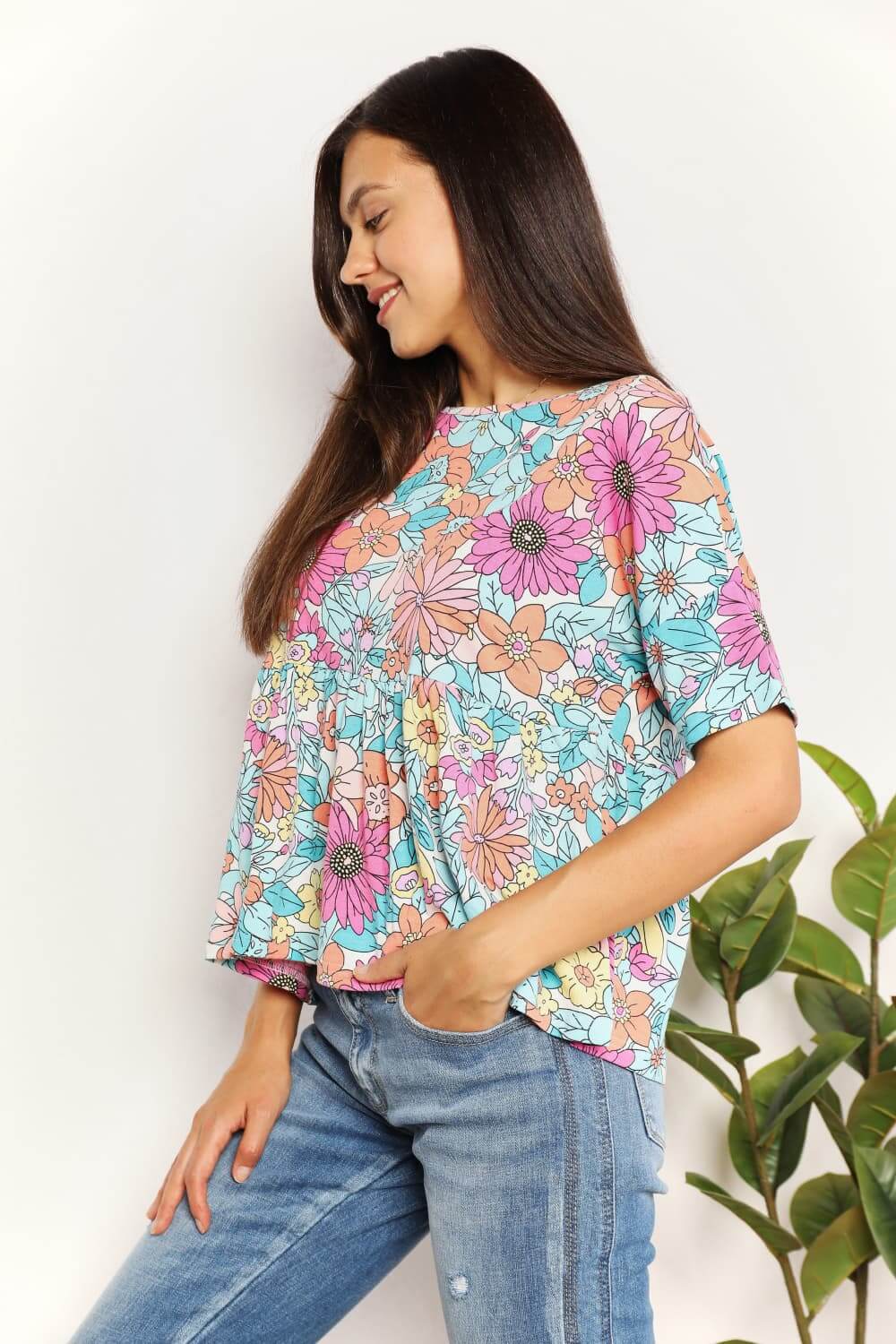 DOUBLE TAKE Floral Round Neck Babydoll Top at Bella Road