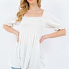 Ruffled Short Sleeve Smocked Blouse | Full Size - Ivory