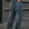 Half Elastic Waist Straight Leg Jeans - Dark