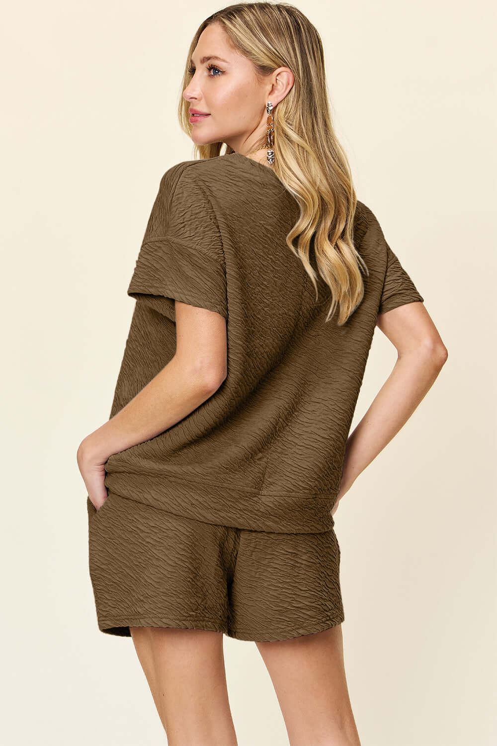 DOUBLE TAKE Full Size Texture Short Sleeve T-Shirt and Drawstring Shorts Set at Bella Road