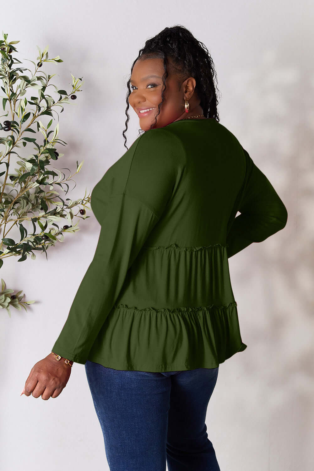 DOUBLE TAKE Half Button Long Sleeve Ruffle Hem Blouse at Bella Road