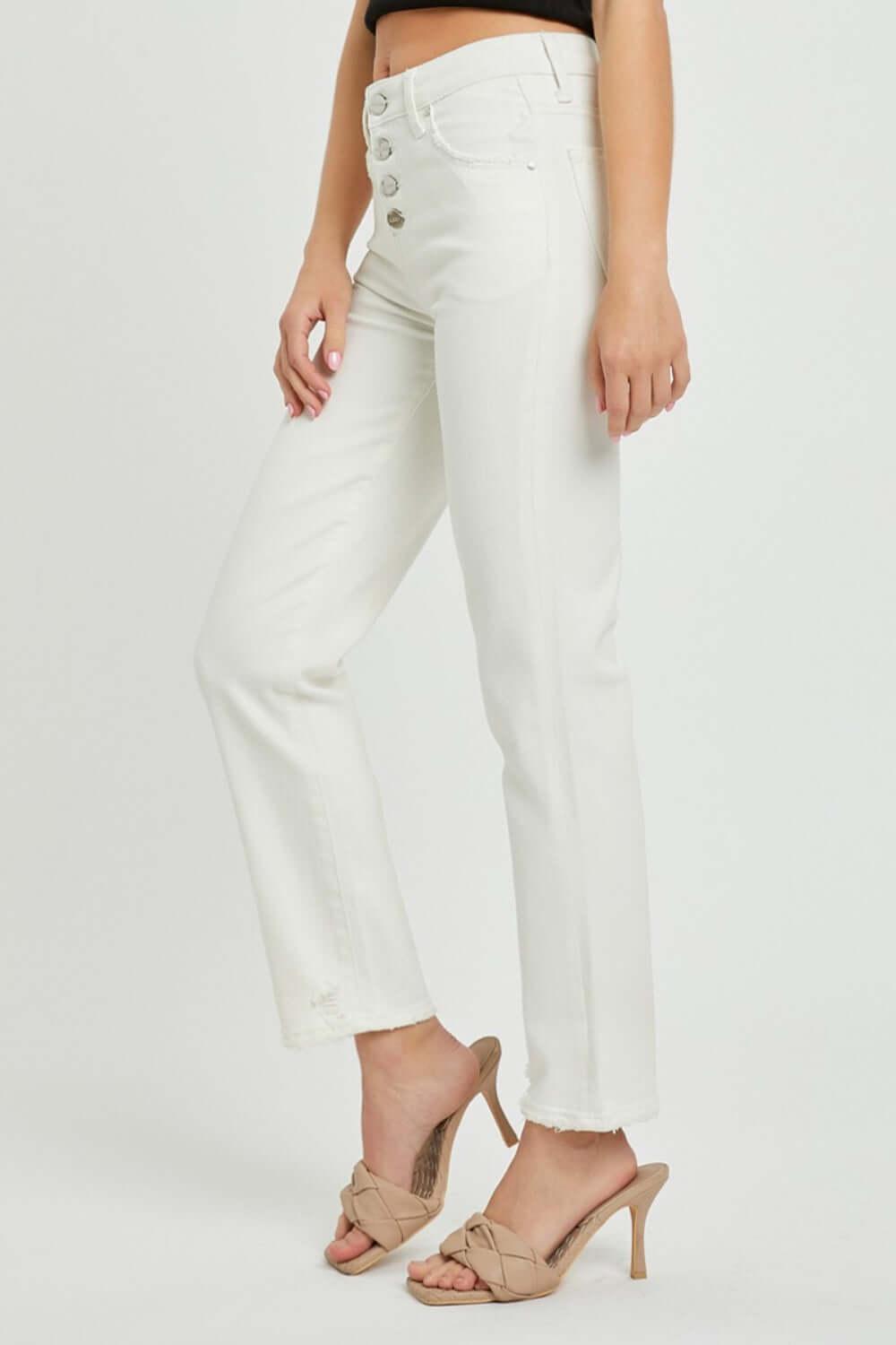 White Mid-Rise Tummy Control Straight Jeans by Risen Jeans, featuring button-up front and timeless straight leg fit.