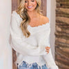 Bella Road Frayed Hem Dropped Shoulder Sweater - White