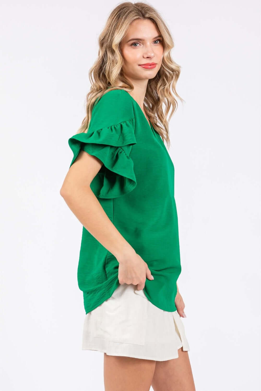 GEEGEE Ruffled Short Sleeve V-Neck Blouse at Bella Road