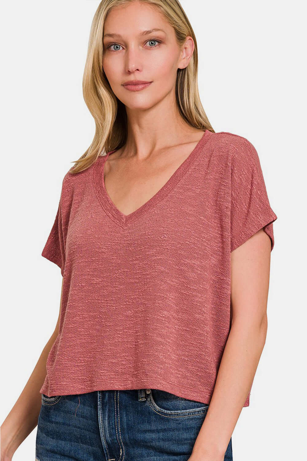 ZENANA V-Neck Short Sleeve Crop T-Shirt at Bella Road