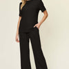 Round Neck Short Sleeve T-Shirt and Wide Leg Pants Set | Full Size - Black