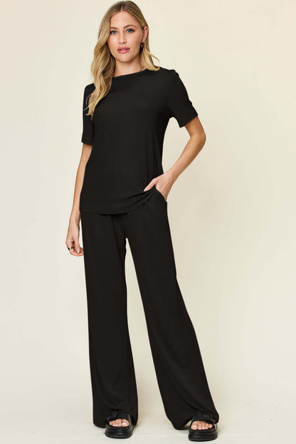 DOUBLE TAKE Full Size Round Neck Short Sleeve T-Shirt and Wide Leg Pants Set at Bella Road