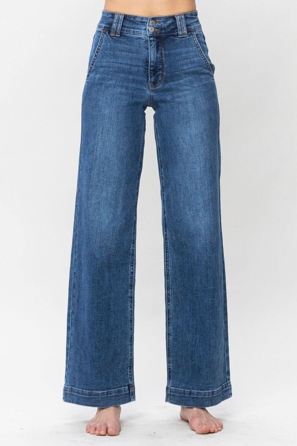 Judy Blue high rise wide leg jeans with double button design, showcasing stylish loose fit and moderate stretch for trendy outfits.