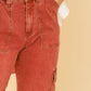 Stylish straight leg cargo jeans in a rich red hue, perfect for casual outfits and outdoor adventures.