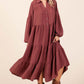 Elegant Mittoshop tiered button-down long sleeve midi dress in rich burgundy, perfect for stylish and feminine occasions.