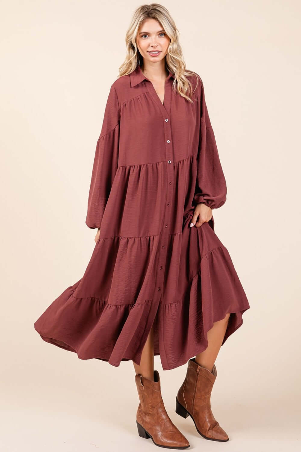 Elegant Mittoshop tiered button-down long sleeve midi dress in rich burgundy, perfect for stylish and feminine occasions.