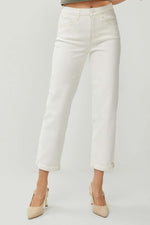 RISEN full size high waist rolled hem straight jeans in white, showcasing front view with high waist and trendy rolled hem.