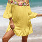 Yellow crochet cold shoulder three-quarter sleeve cover up with ruffled sheer details and floral accents, perfect for beachwear.