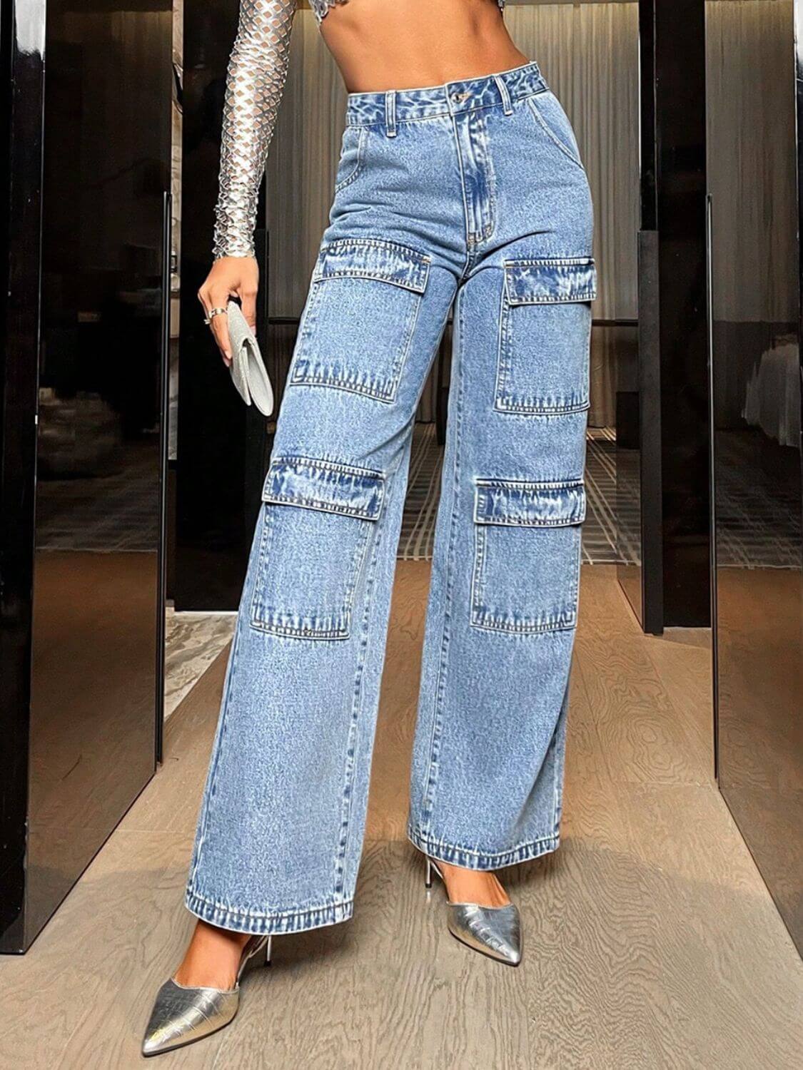 Bella Road wide leg high waist jeans with pockets, worn by woman.