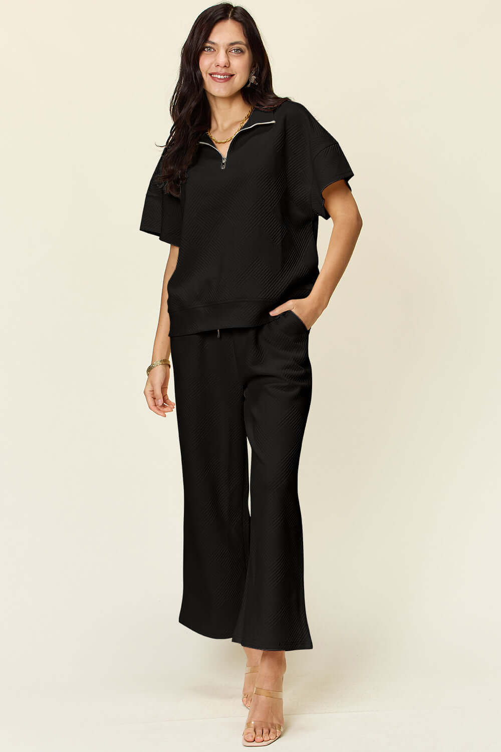 DOUBLE TAKE Full Size Texture Half Zip Short Sleeve Top and Pants Set at Bella Road