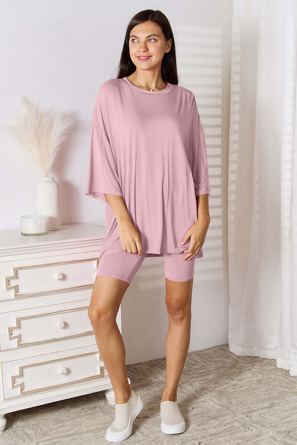 BASIC BAE Full Size Soft Rayon Three-Quarter Sleeve Top and Shorts Set at Bella Road