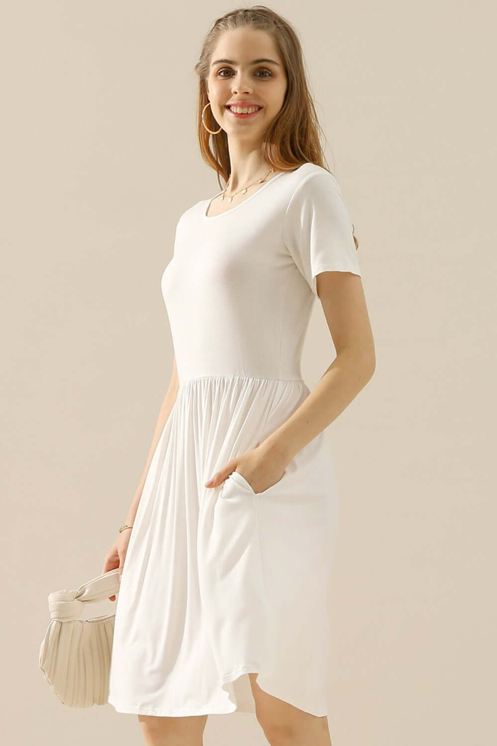 NINEXIS Full Size Round Neck Ruched Dress with Pockets at Bella Road