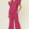 Texture Ruffle Short Sleeve Top and Drawstring Wide Leg Pants Set - Cerise