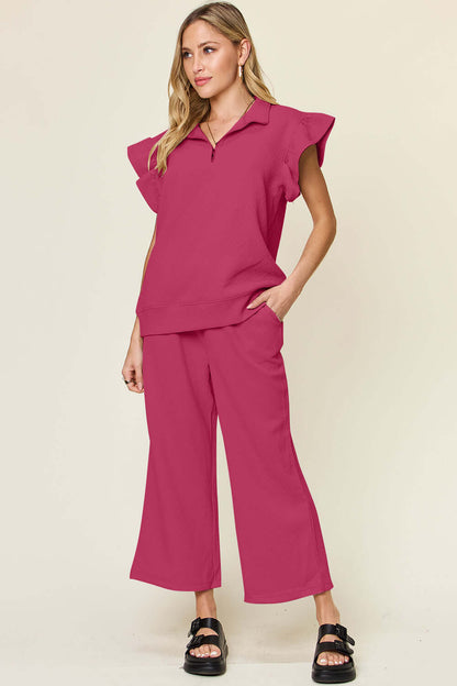 DOUBLE TAKE Texture Ruffle Short Sleeve Top and Drawstring Wide Leg Pants Set at Bella Road