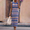 Striped Round Neck Sleeveless Midi Cover Up Dress - Blue