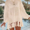 Double Take Openwork Tassel Hem Long Sleeve Knit Cover Up - Cream