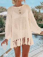 DOUBLE TAKE Openwork Tassel Hem Long Sleeve Knit Cover Up at Bella Road