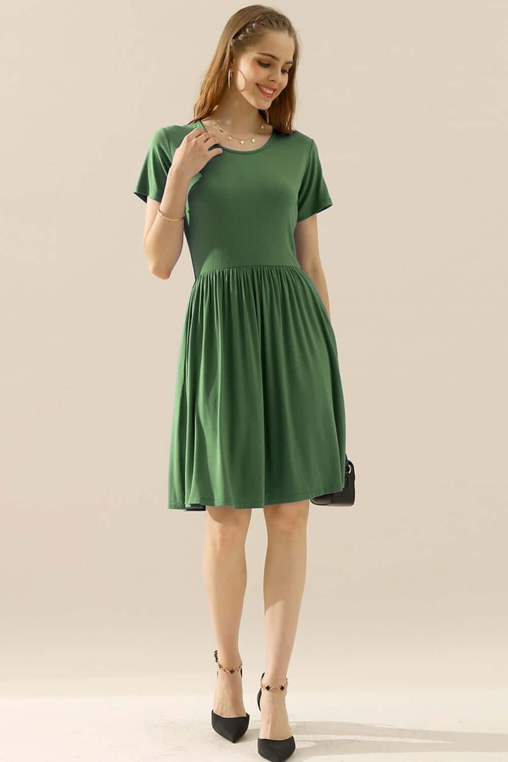 NINEXIS Full Size Round Neck Ruched Dress with Pockets at Bella Road