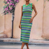 Striped Round Neck Sleeveless Midi Cover Up Dress - Green