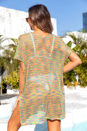 BELLA ROAD Slit Openwork V-Neck Short Sleeve Cover Up at Bella Road