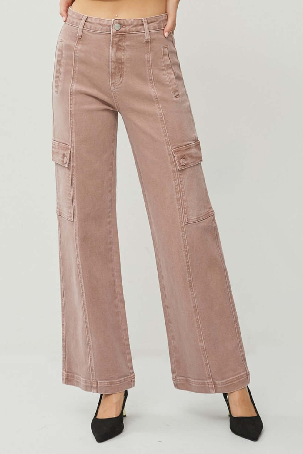 High rise wide leg cargo jeans with stylish pockets, perfect for casual outings and modern flair.