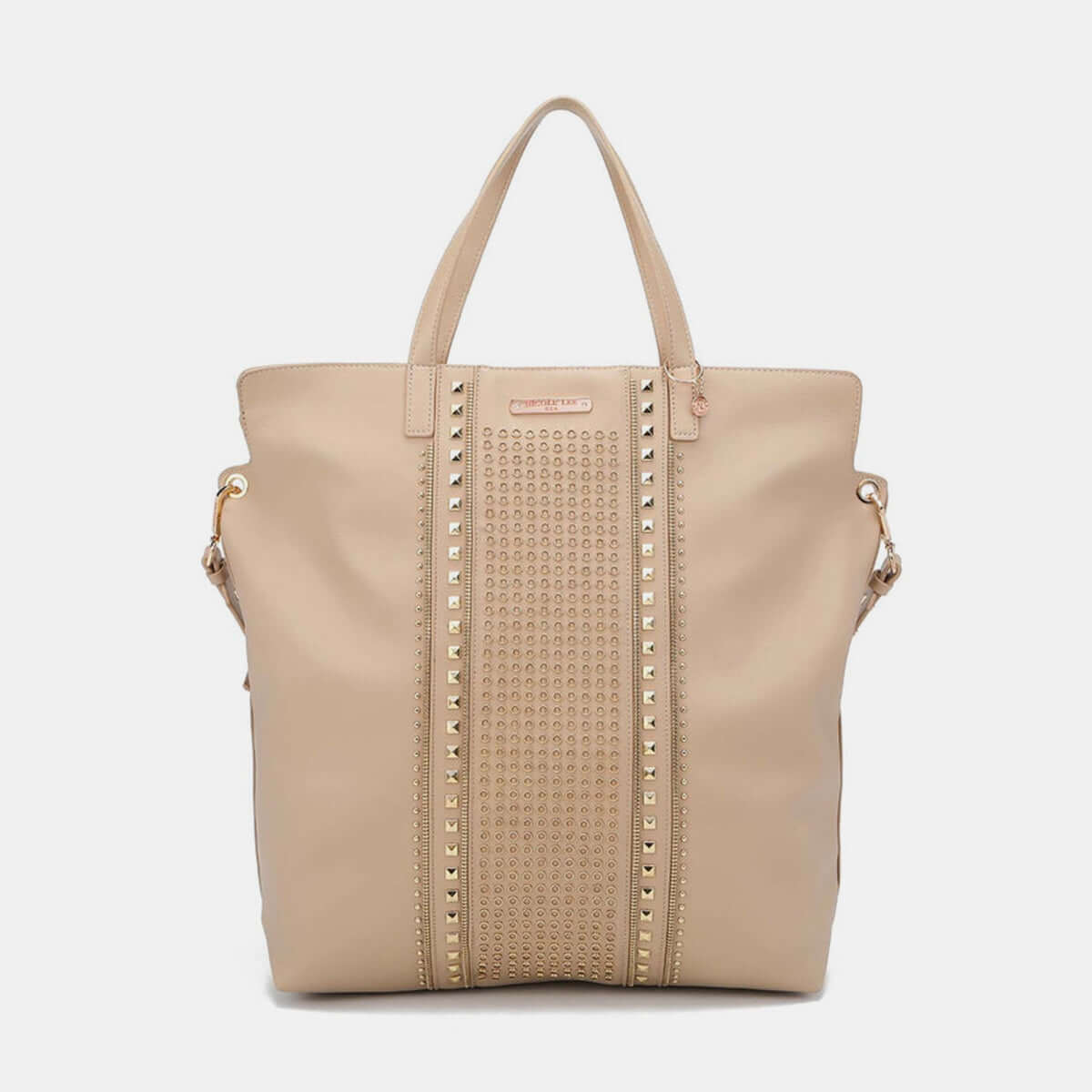 Nicole Lee USA studded large beige vegan leather tote bag with dual top handles and additional shoulder strap.