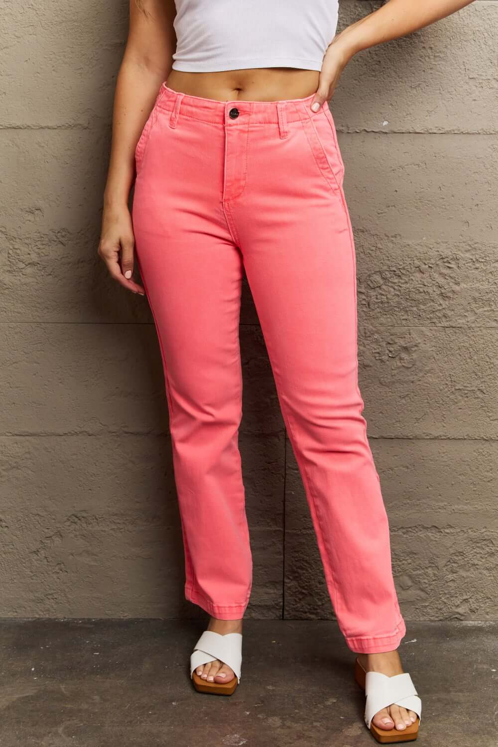 Risen Jeans Kenya High Waist Side Twill Straight Jeans in pink, showcasing a stylish high-rise fit and elegant side twill detailing.