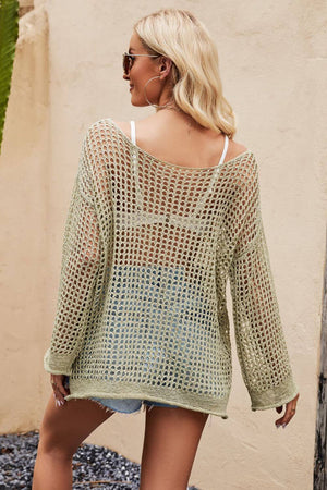 BELLA ROAD Openwork Round Neck Long Sleeve Cover Up at Bella Road