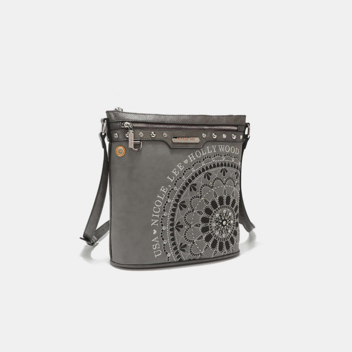 Nicole Lee USA crossbody bag with metallic stitching, embroidery, and rhinestones, featuring front and back zip pockets for essential storage